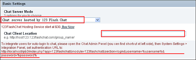 Here you may define the chat server mode (self hosted, TOPCMM paid hosting  or TOPCMM free hosting) in the Basic Setting.