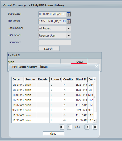 Details of a User's PPM/PPV Room History of 123 Flash Chat, Chat Software