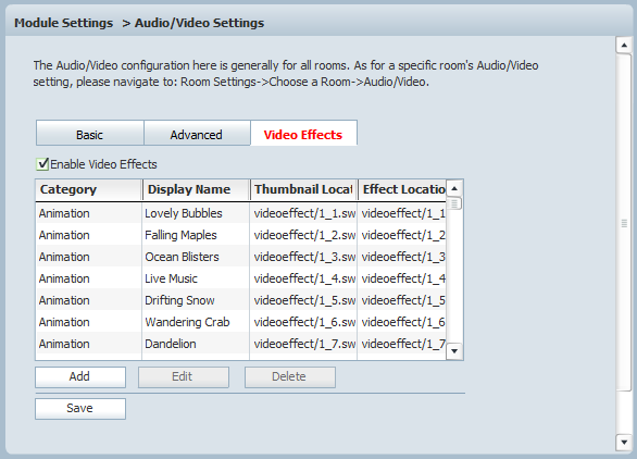 Video Effects Settings of 123 Flash Chat, Chat Software