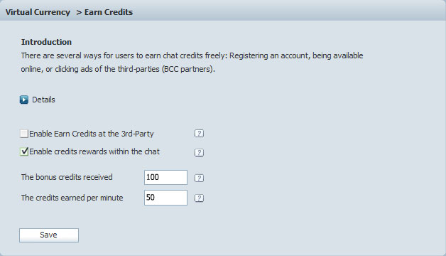 Earn Credits Setting Panel in 123 Flash Chat, Chat Software