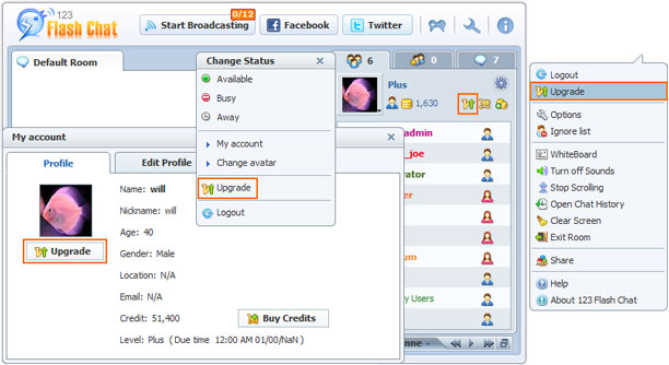 Upgrade Buttons in Chat of 123 Flash Chat, Chat Software