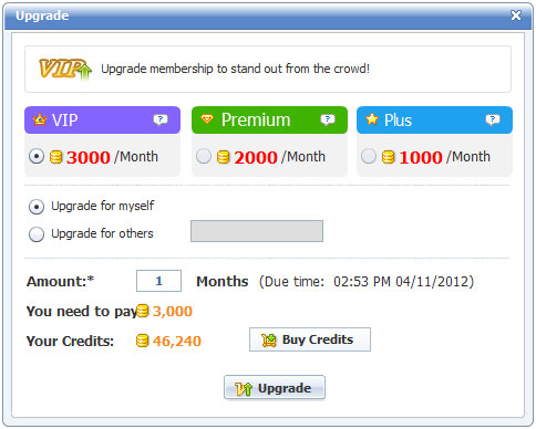 Upgrade Membership Panel of 123 Flash Chat, Chat Software