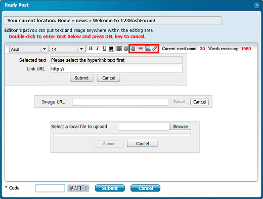 123flashforum add link, web picture, upload picture and file to thread, forum thread insertion, flash forum, chat forum