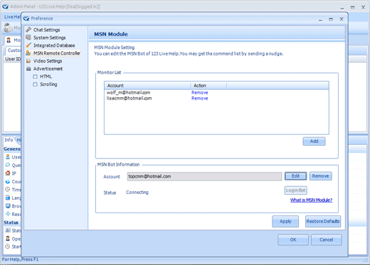 Setting 123 Live Help MSN Bot--Live Support Chat, Live Chat Software, Online Chat Hosting, Live Help Chat.