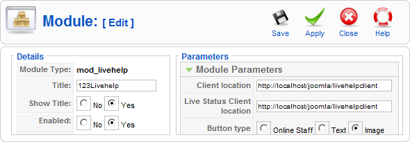 Joomla Control Panel of 123LiveHelp, Live Help, Online Support Software
