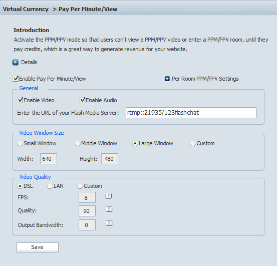 Pay per Minute Settings of 123 Flash Chat, Chat Software