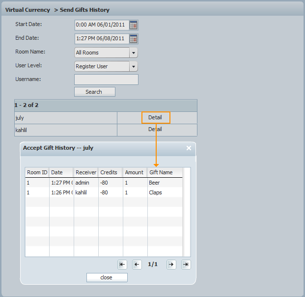 Details of a User's Send Gifts History of 123 Flash Chat, Chat Software