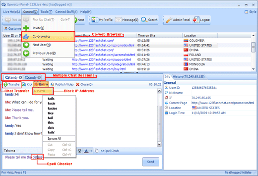 123 Live Help Chat Software full-featured operator panel, Live Chat Hosting, Online Chat