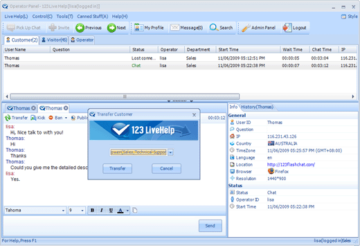 Transfer Live Chat Session to Other Operator Screenshot in 123 Live Help