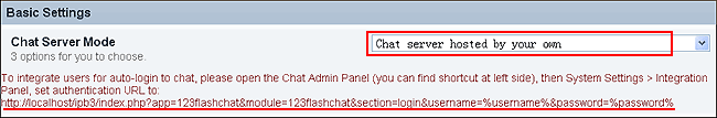 Here you may define the chat server mode (self hosted, TOPCMM paid hosting  or TOPCMM free hosting) in the Basic Setting.