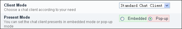 Also  please set the chat client presents embedded  or popup