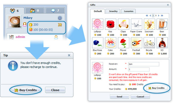 Buy Credits Panel of 123 Flash Chat, Chat Software