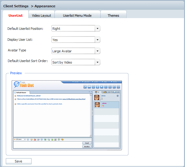 Userlist Settings in Admin Panel of 123 Flash Chat, Chat Software Userlist Settings in Admin Panel of 123 Flash Chat, Chat Software