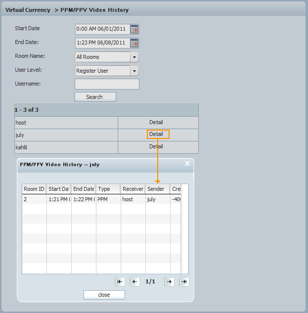 Details of a User's PPM/PPV Video History of 123 Flash Chat, Chat Software