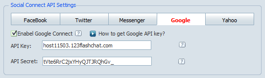  Google Connect Settings in Admin Panel of 123 Flash Chat, Chat Software