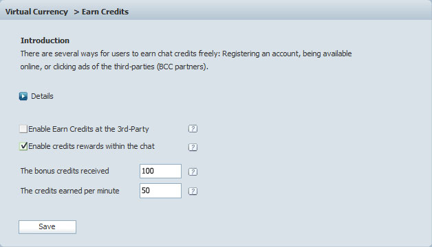 Earn Credits, Chat Credits, 123 Flash Chat Earn Credits Setting Panel in 123 Flash Chat, Chat Software
